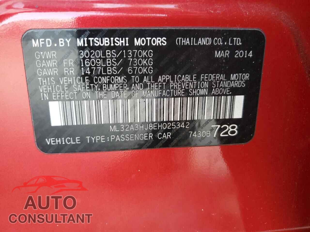 MITSUBISHI MIRAGE 2014 - ML32A3HJ8EH025342