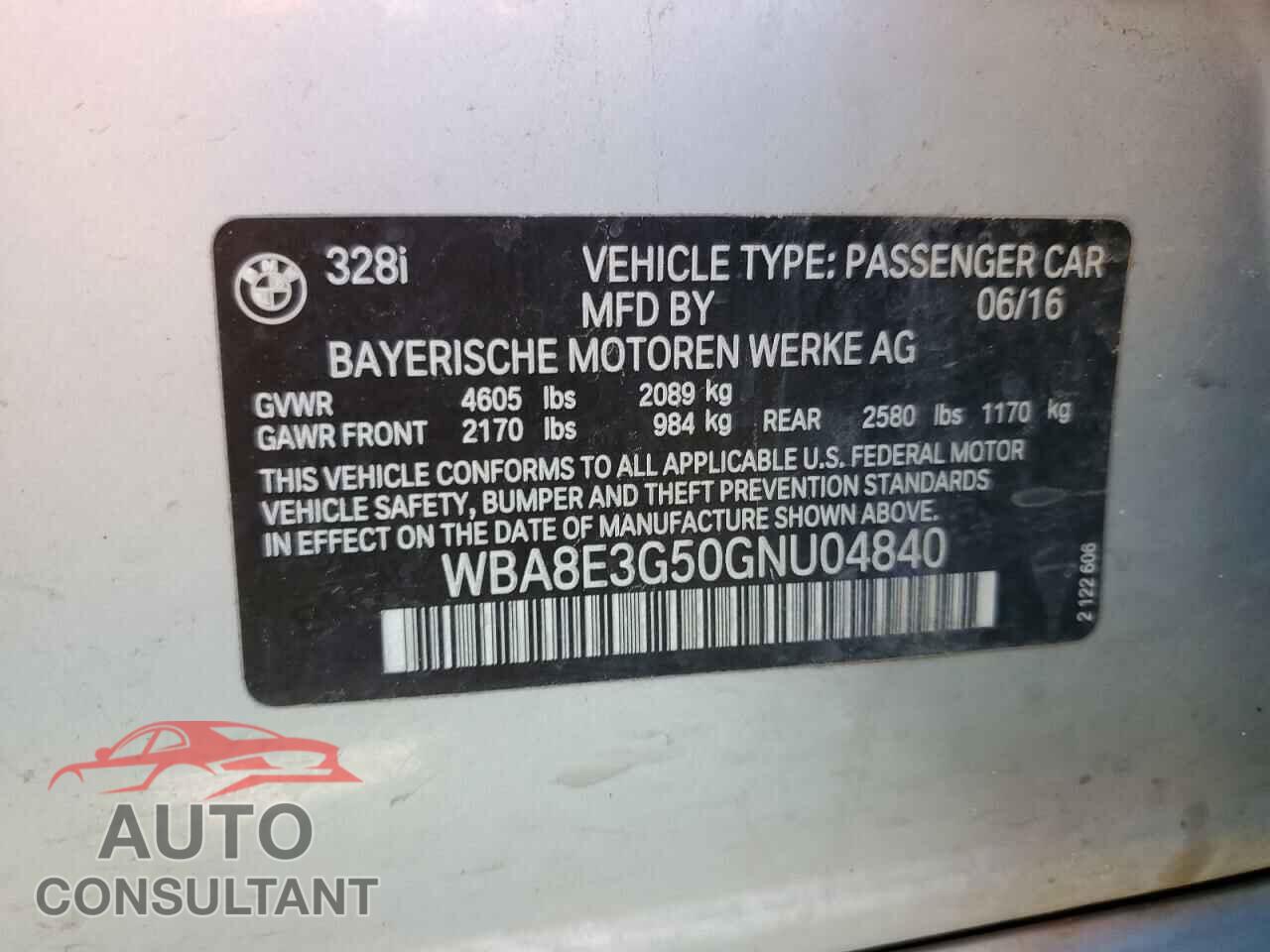 BMW 3 SERIES 2016 - WBA8E3G50GNU04840