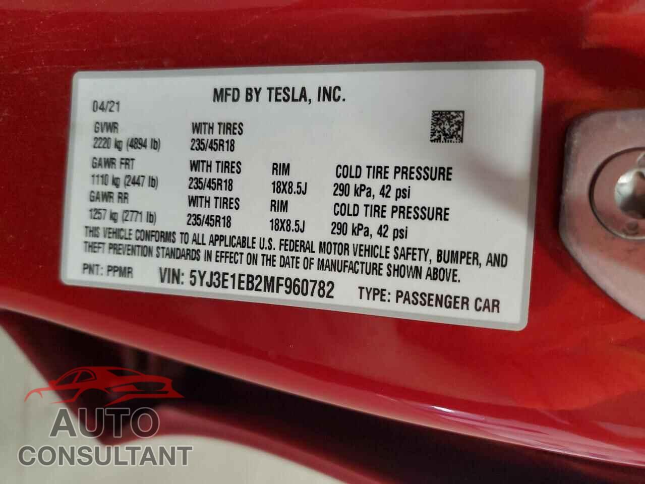 TESLA MODEL 3 2021 - 5YJ3E1EB2MF960782