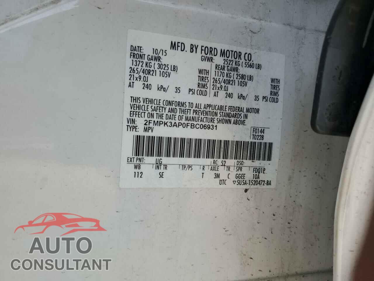 FORD EDGE 2015 - 2FMPK3AP0FBC06931