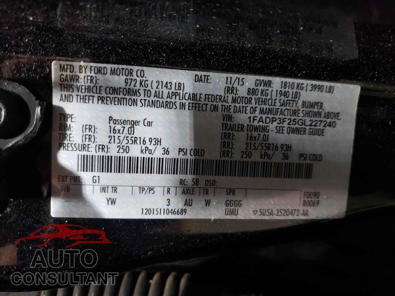 FORD FOCUS 2016 - 1FADP3F25GL227240