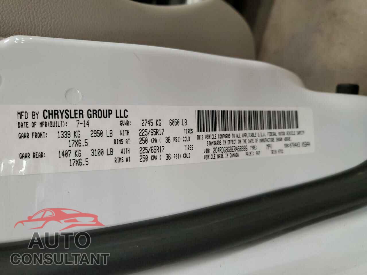 DODGE CARAVAN 2014 - 2C4RDGBG9ER458986