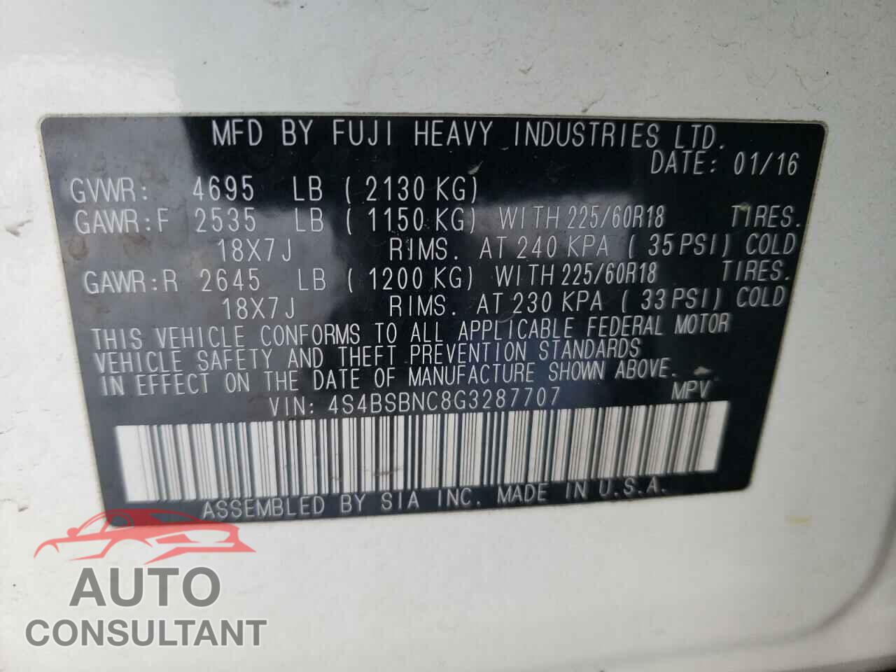 SUBARU OUTBACK 2016 - 4S4BSBNC8G3287707