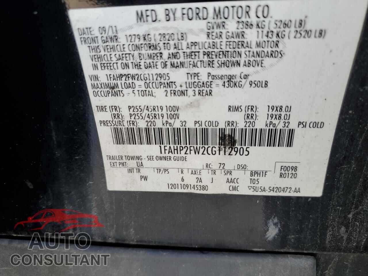 FORD TAURUS 2012 - 1FAHP2FW2CG112905