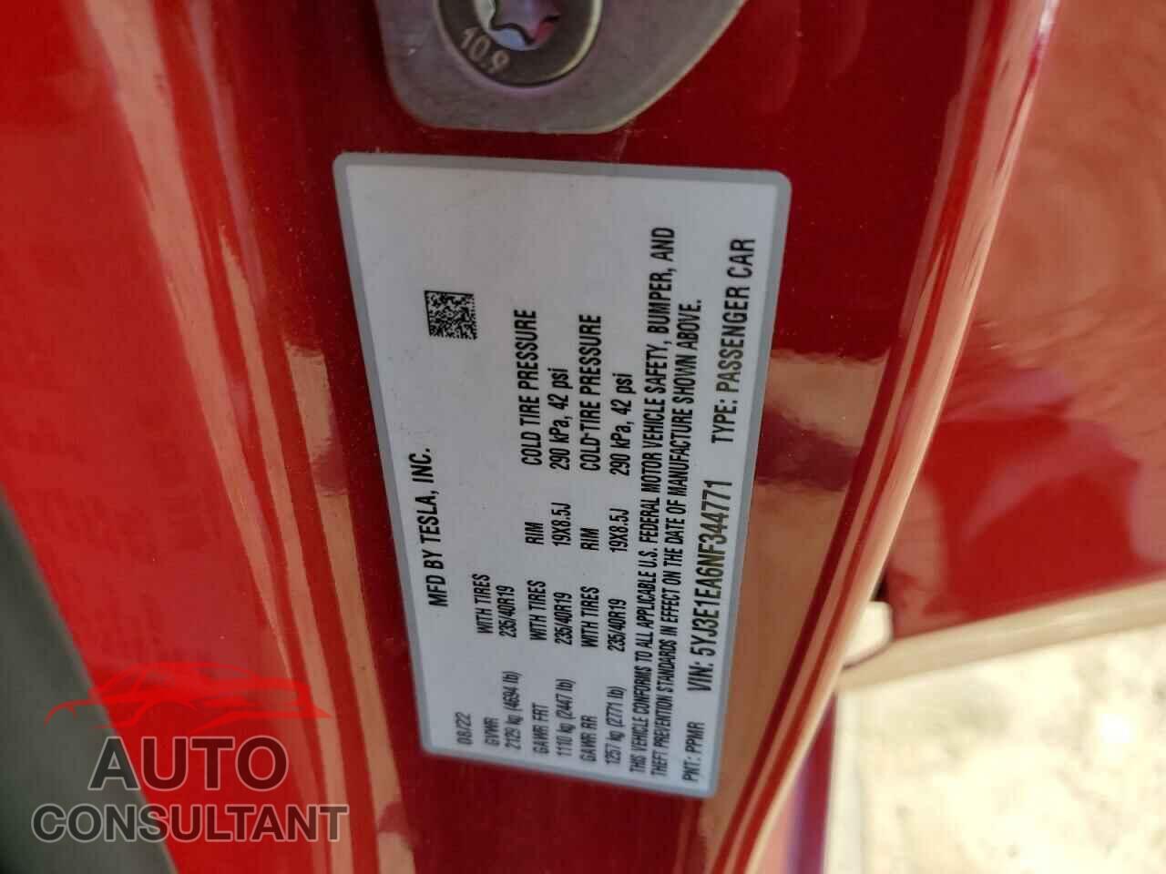 TESLA MODEL 3 2022 - 5YJ3E1EA6NF344771