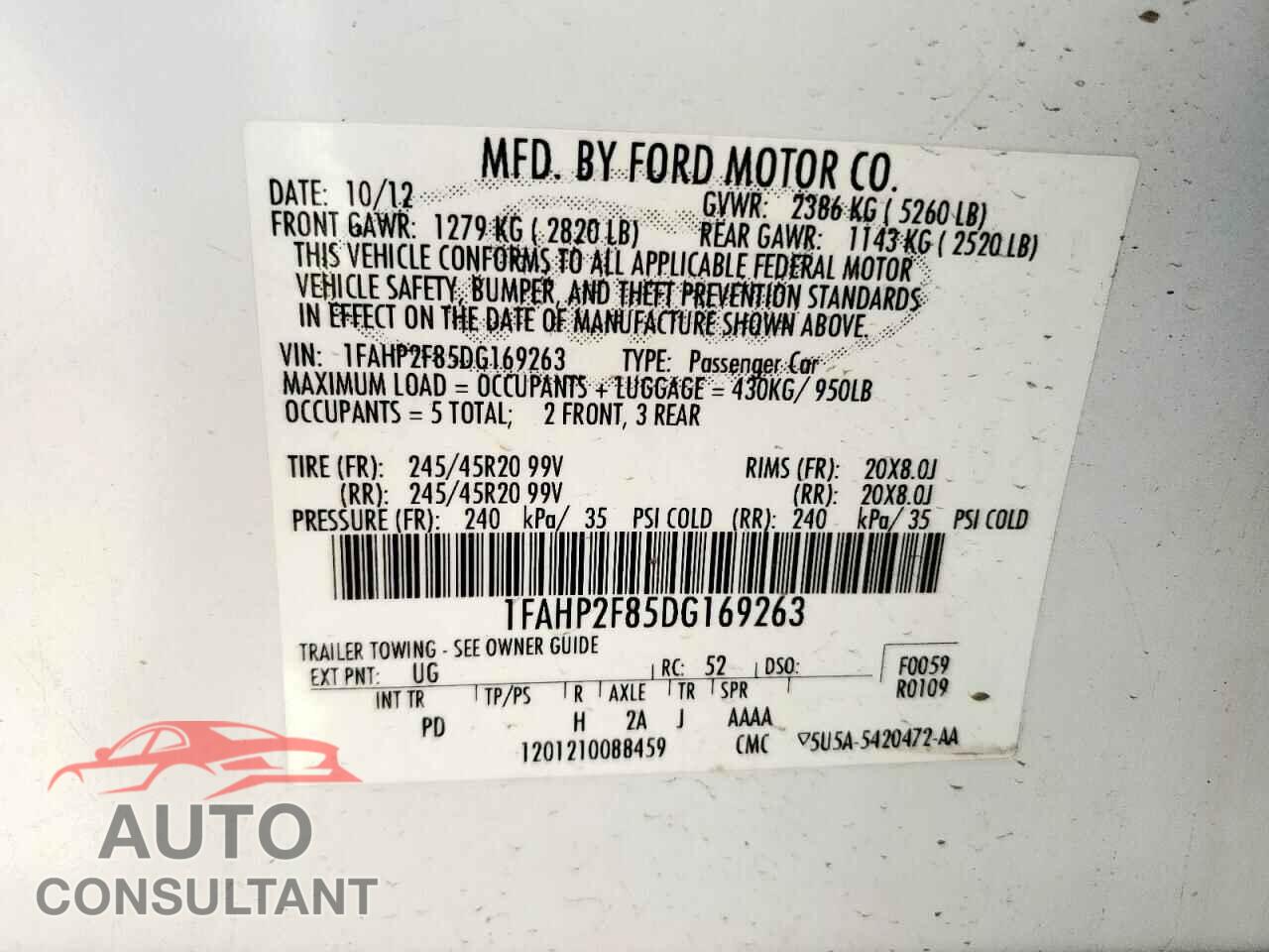 FORD TAURUS 2013 - 1FAHP2F85DG169263