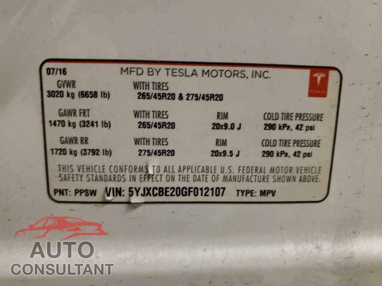 TESLA MODEL X 2016 - 5YJXCBE20GF012107