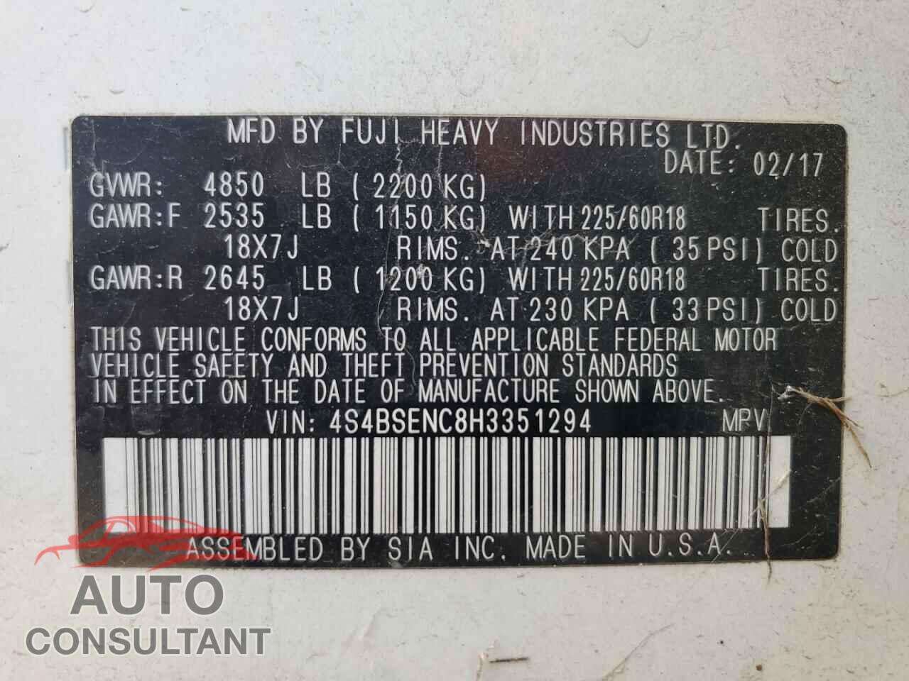 SUBARU OUTBACK 2017 - 4S4BSENC8H3351294
