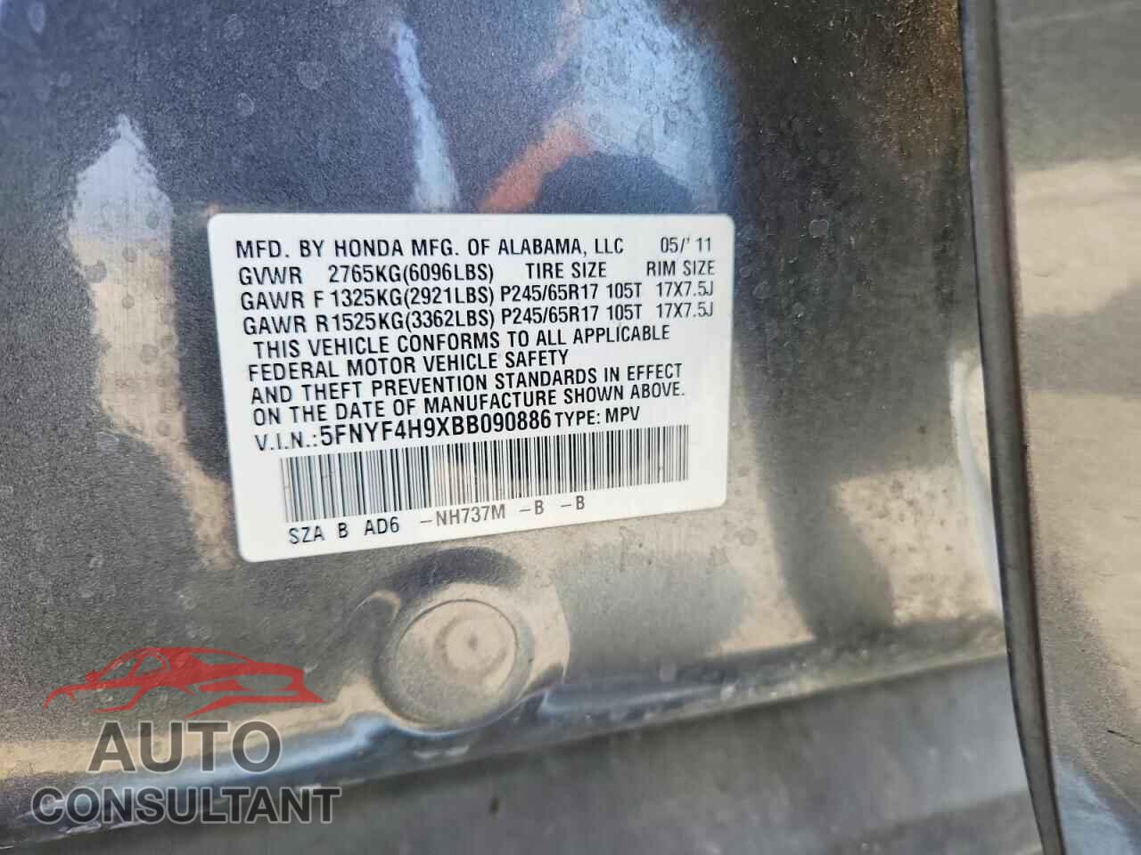 HONDA PILOT 2011 - 5FNYF4H9XBB090886