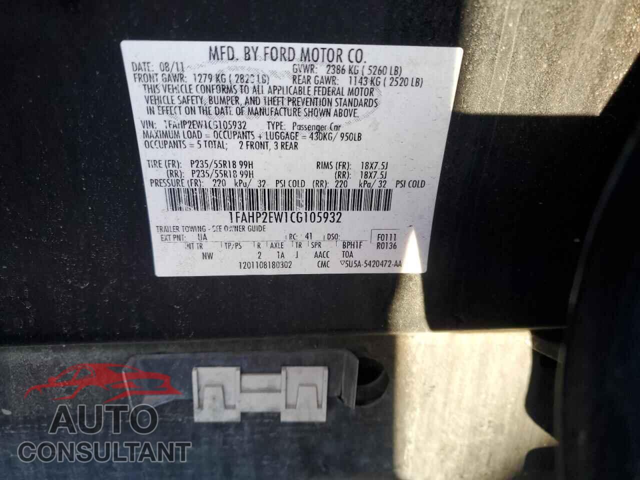 FORD TAURUS 2012 - 1FAHP2EW1CG105932