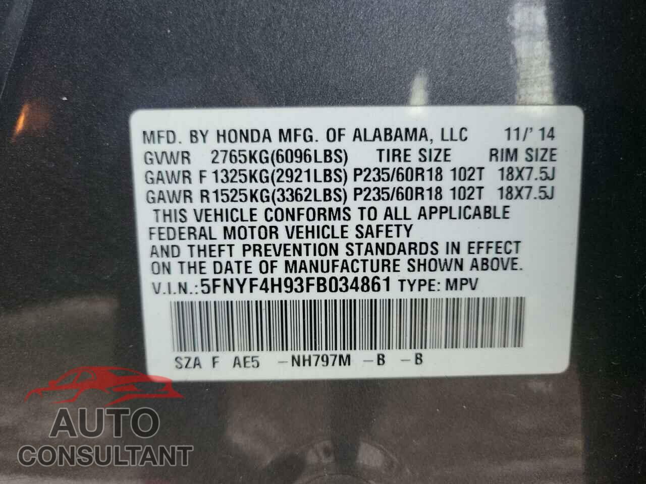 HONDA PILOT 2015 - 5FNYF4H93FB034861