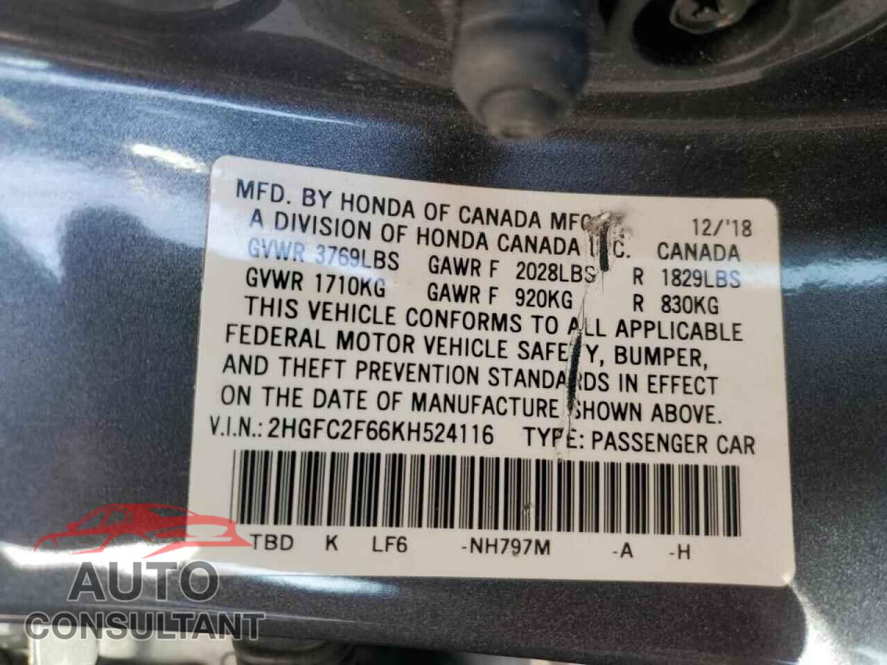 HONDA CIVIC 2019 - 2HGFC2F66KH524116