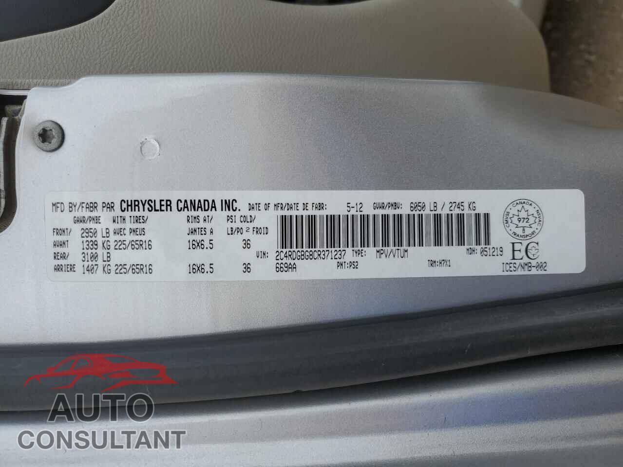 DODGE CARAVAN 2012 - 2C4RDGBG8CR371237