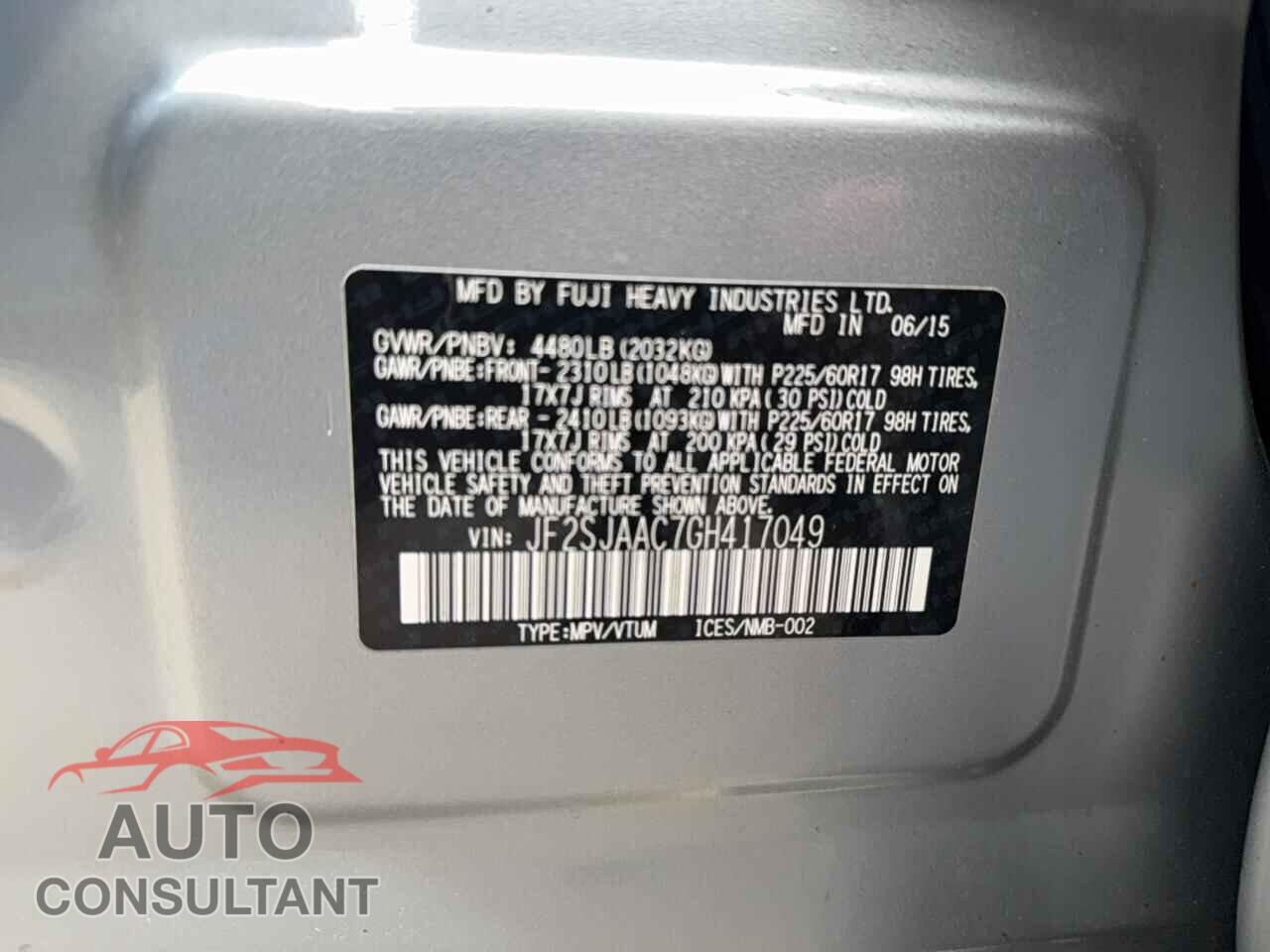 SUBARU FORESTER 2016 - JF2SJAAC7GH417049