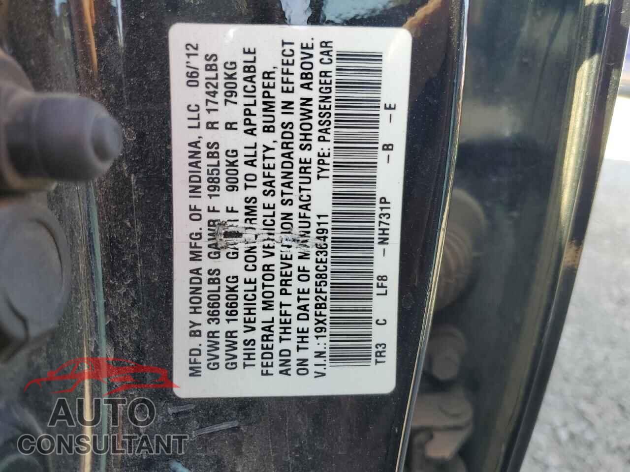 HONDA CIVIC 2012 - 19XFB2F58CE364911
