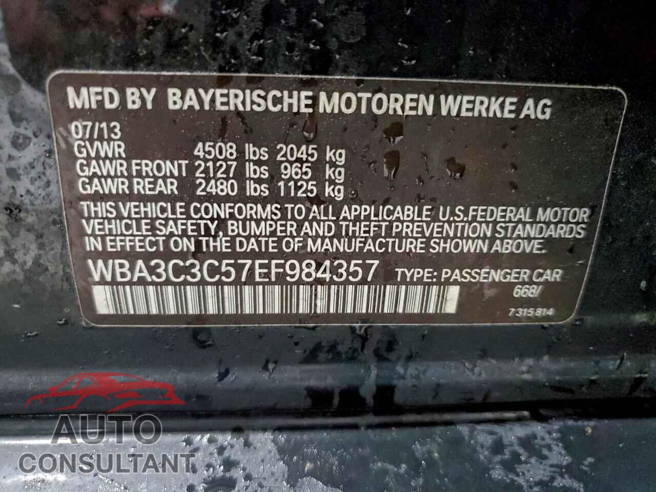 BMW 3 SERIES 2014 - WBA3C3C57EF984357
