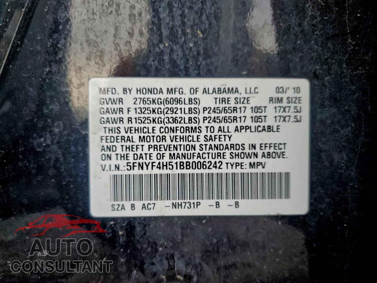 HONDA PILOT 2011 - 5FNYF4H51BB006242