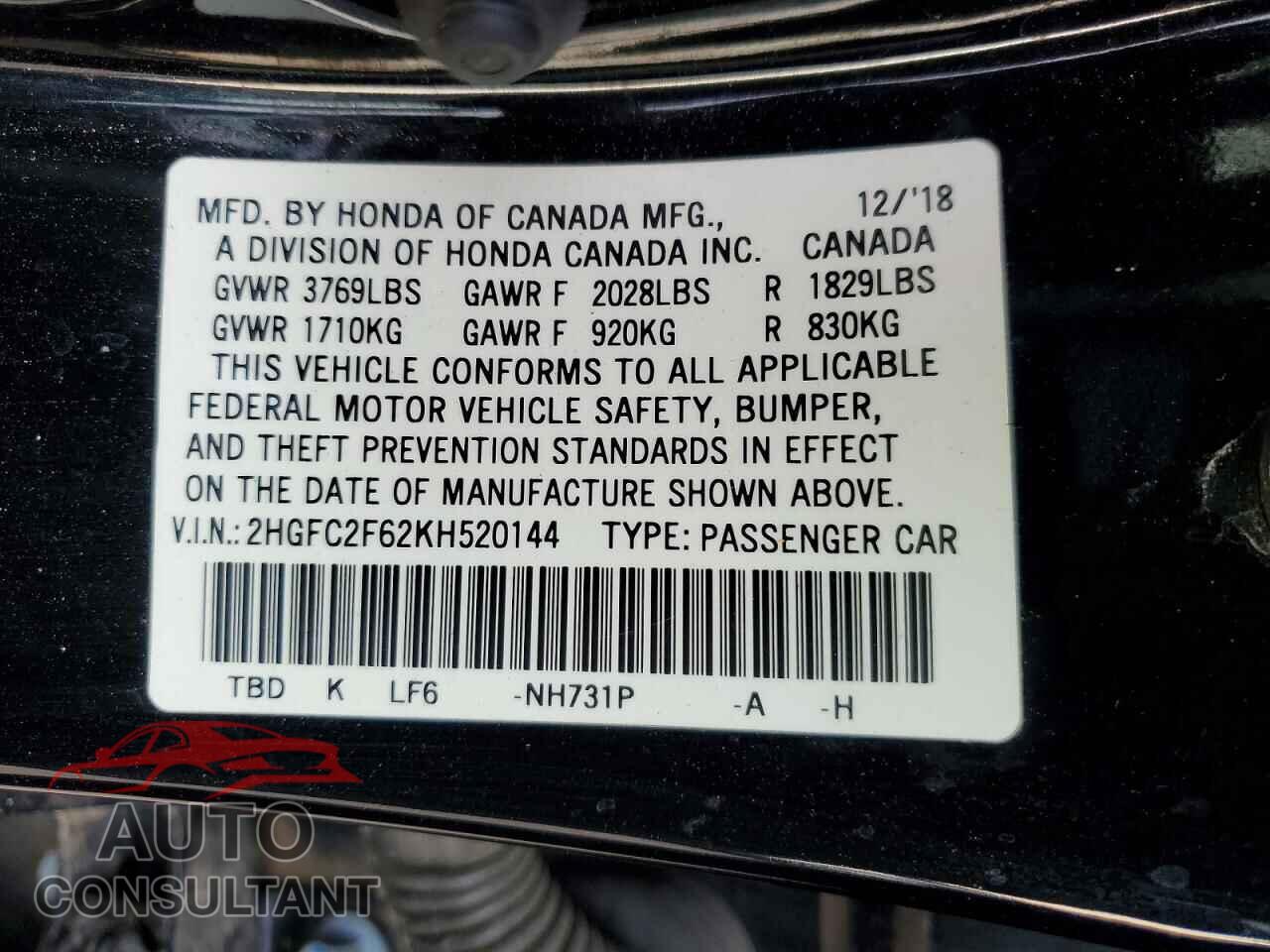 HONDA CIVIC 2019 - 2HGFC2F62KH520144