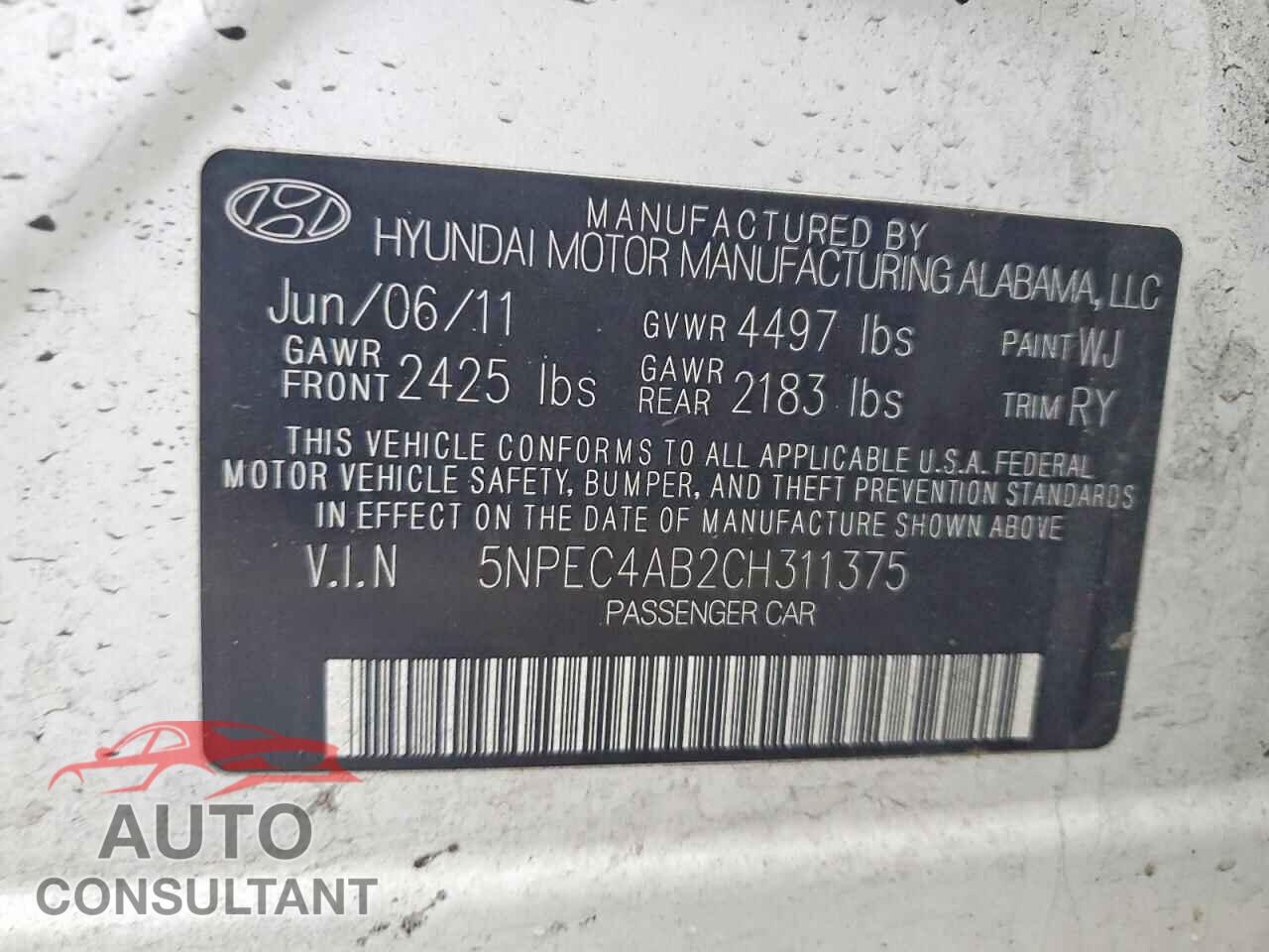 HYUNDAI SONATA 2012 - 5NPEC4AB2CH311375