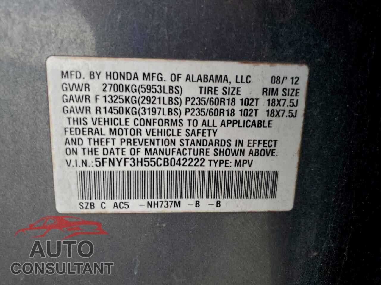 HONDA PILOT 2012 - 5FNYF3H55CB042222
