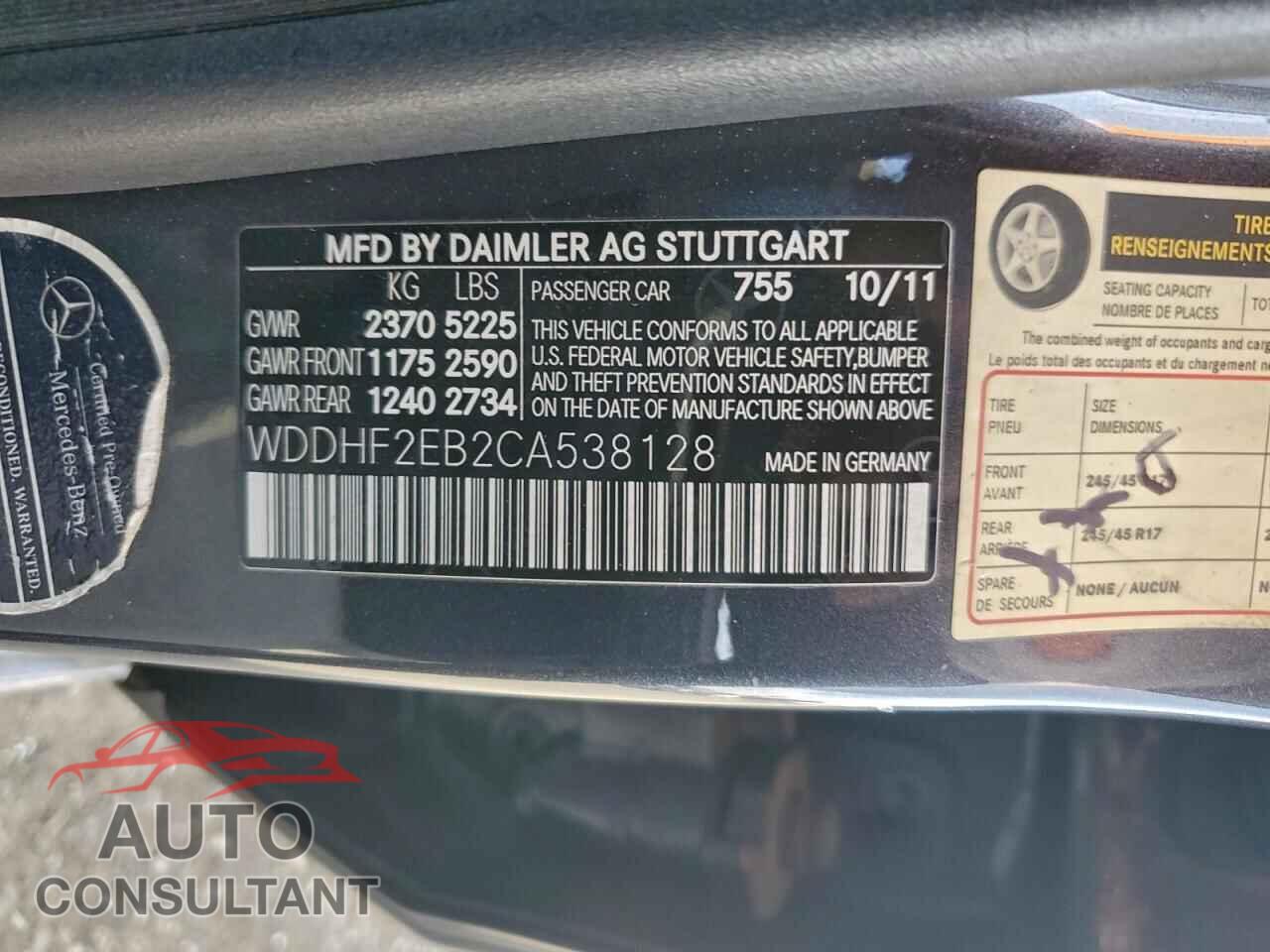 MERCEDES-BENZ E-CLASS 2012 - WDDHF2EB2CA538128