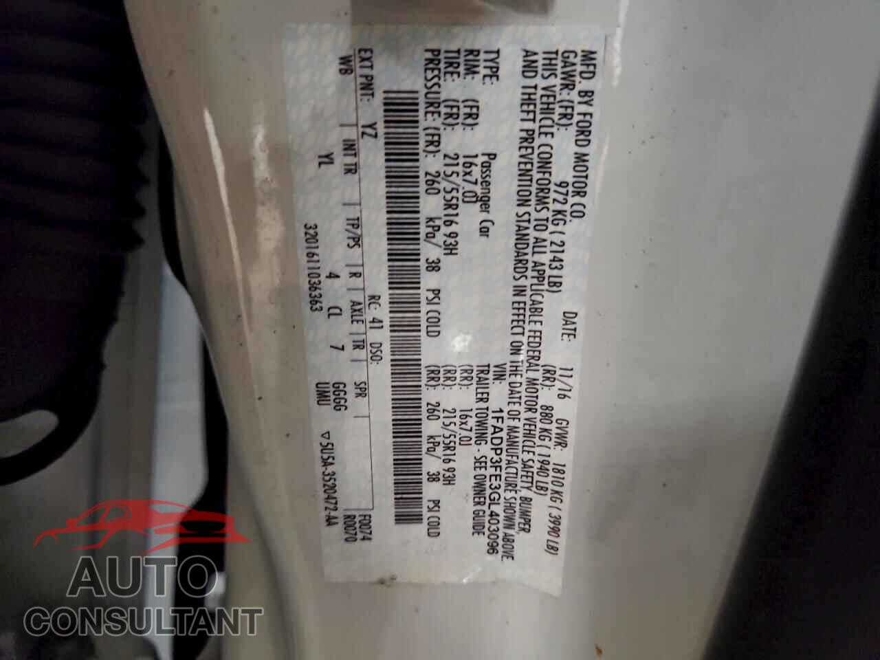 FORD FOCUS 2016 - 1FADP3FE3GL403096