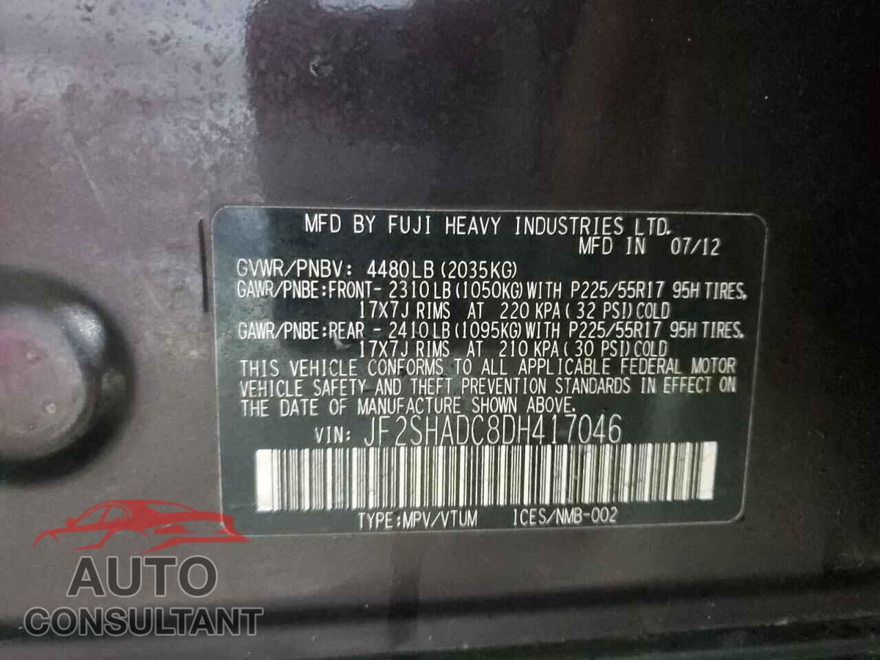 SUBARU FORESTER 2013 - JF2SHADC8DH417046