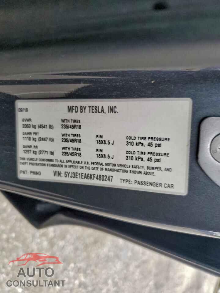 TESLA MODEL 3 2019 - 5YJ3E1EA6KF480247