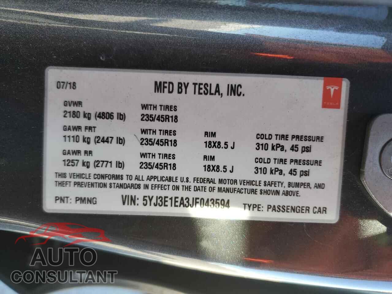 TESLA MODEL 3 2018 - 5YJ3E1EA3JF043594