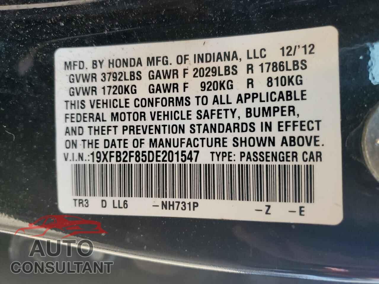HONDA CIVIC 2013 - 19XFB2F85DE201547