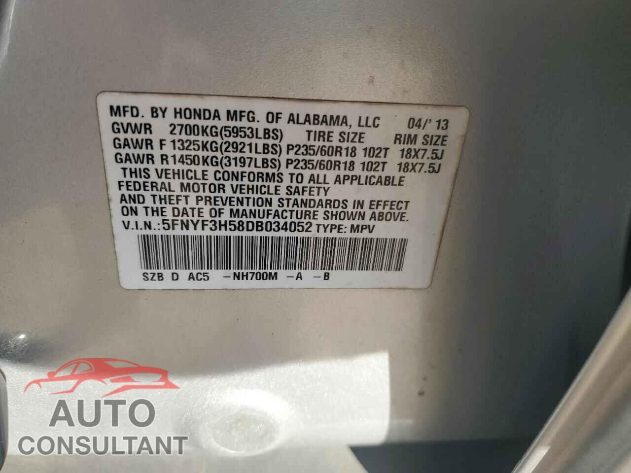 HONDA PILOT 2013 - 5FNYF3H58DB034052