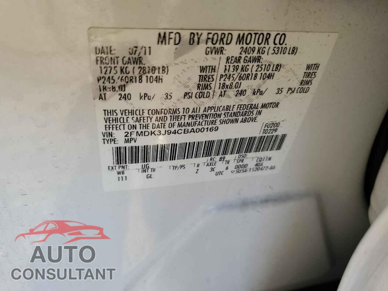 FORD EDGE 2012 - 2FMDK3J94CBA00169