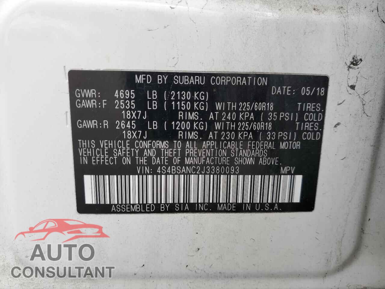 SUBARU OUTBACK 2018 - 4S4BSANC2J3380093