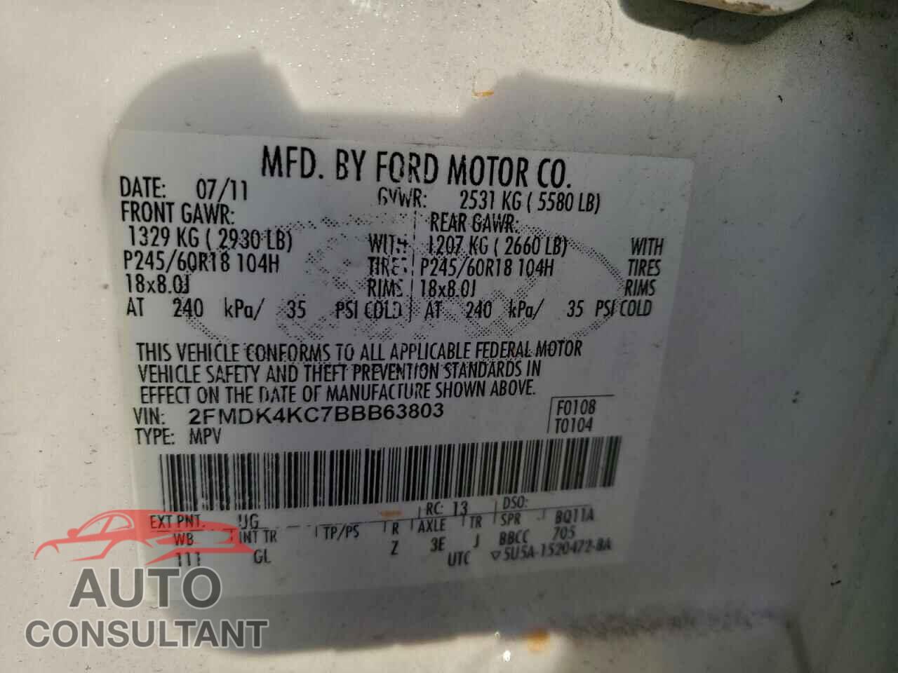 FORD EDGE 2011 - 2FMDK4KC7BBB63803