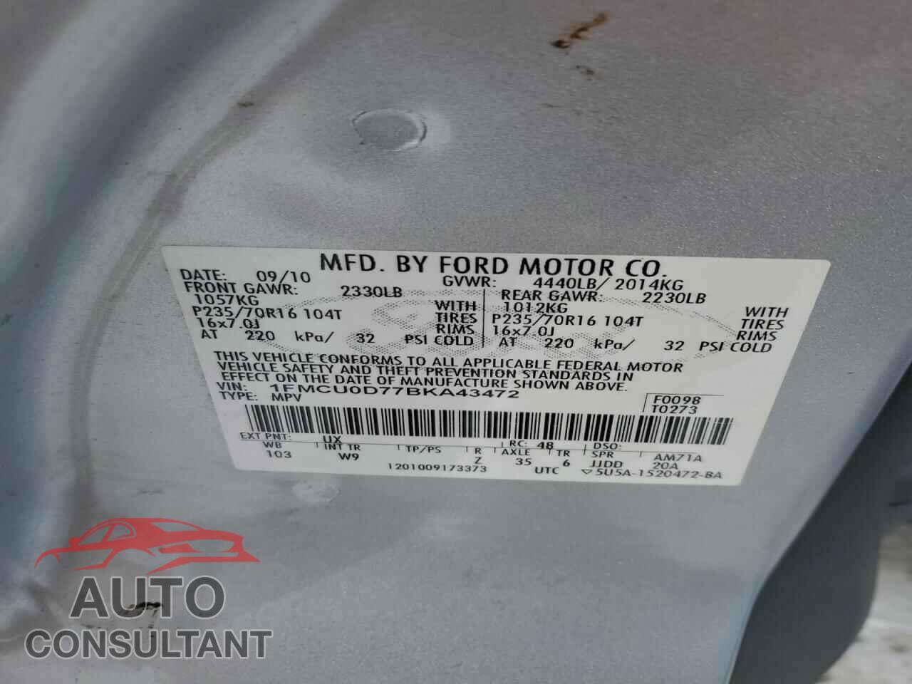 FORD ESCAPE 2011 - 1FMCU0D77BKA43472