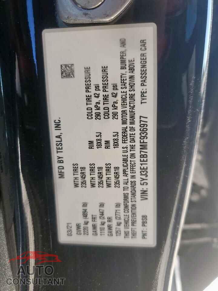 TESLA MODEL 3 2021 - 5YJ3E1EB7MF936977