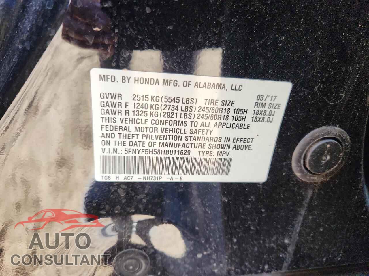 HONDA PILOT 2017 - 5FNYF5H58HB011629