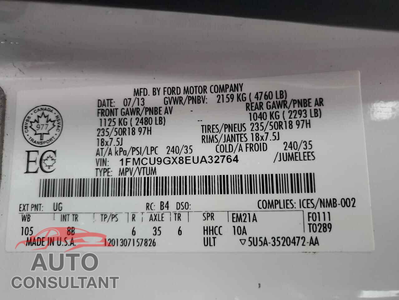 FORD ESCAPE 2014 - 1FMCU9GX8EUA32764