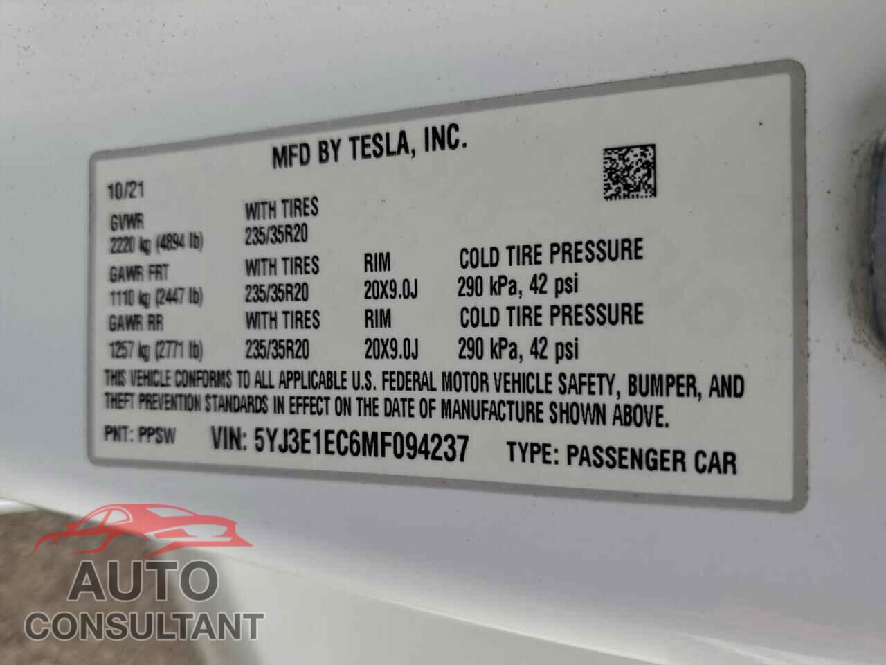 TESLA MODEL 3 2021 - 5YJ3E1EC6MF094237