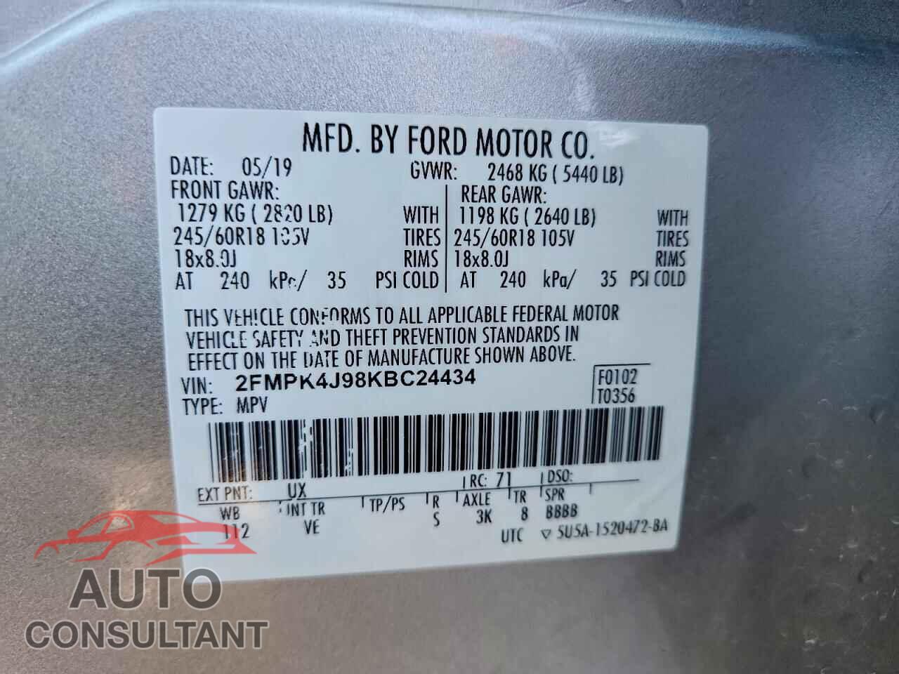 FORD EDGE 2019 - 2FMPK4J98KBC24434