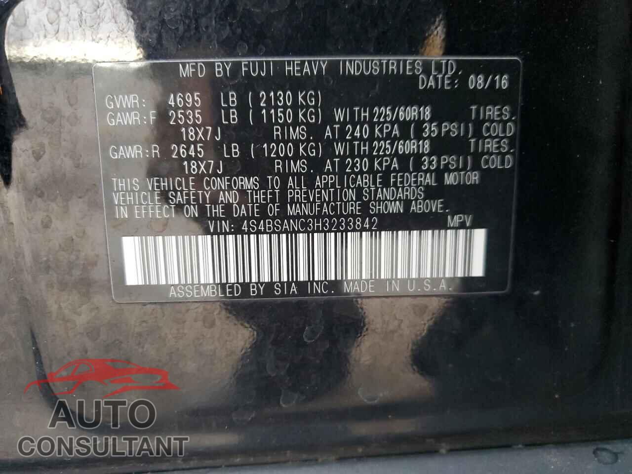 SUBARU OUTBACK 2017 - 4S4BSANC3H3233842