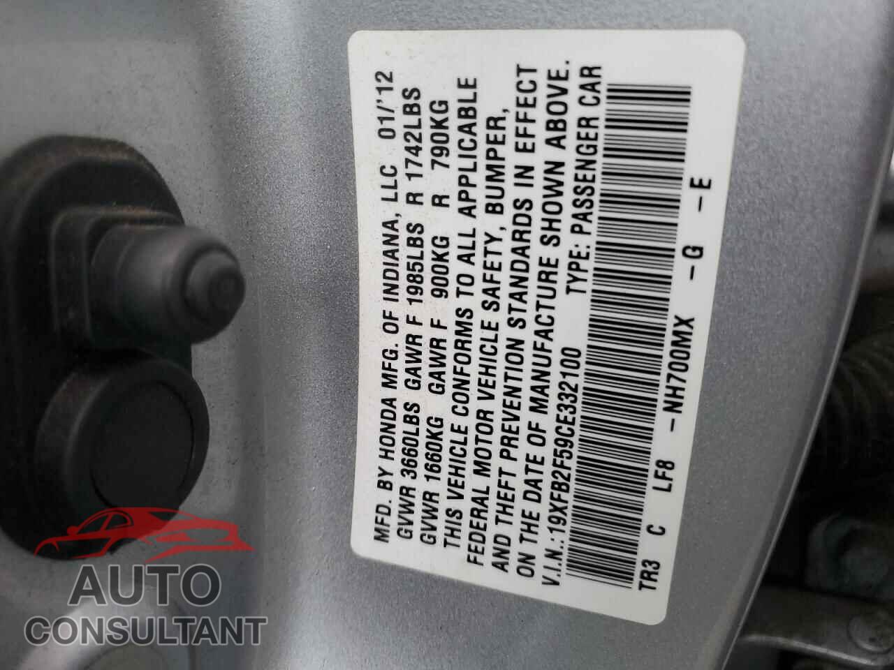 HONDA CIVIC 2012 - 19XFB2F59CE332100