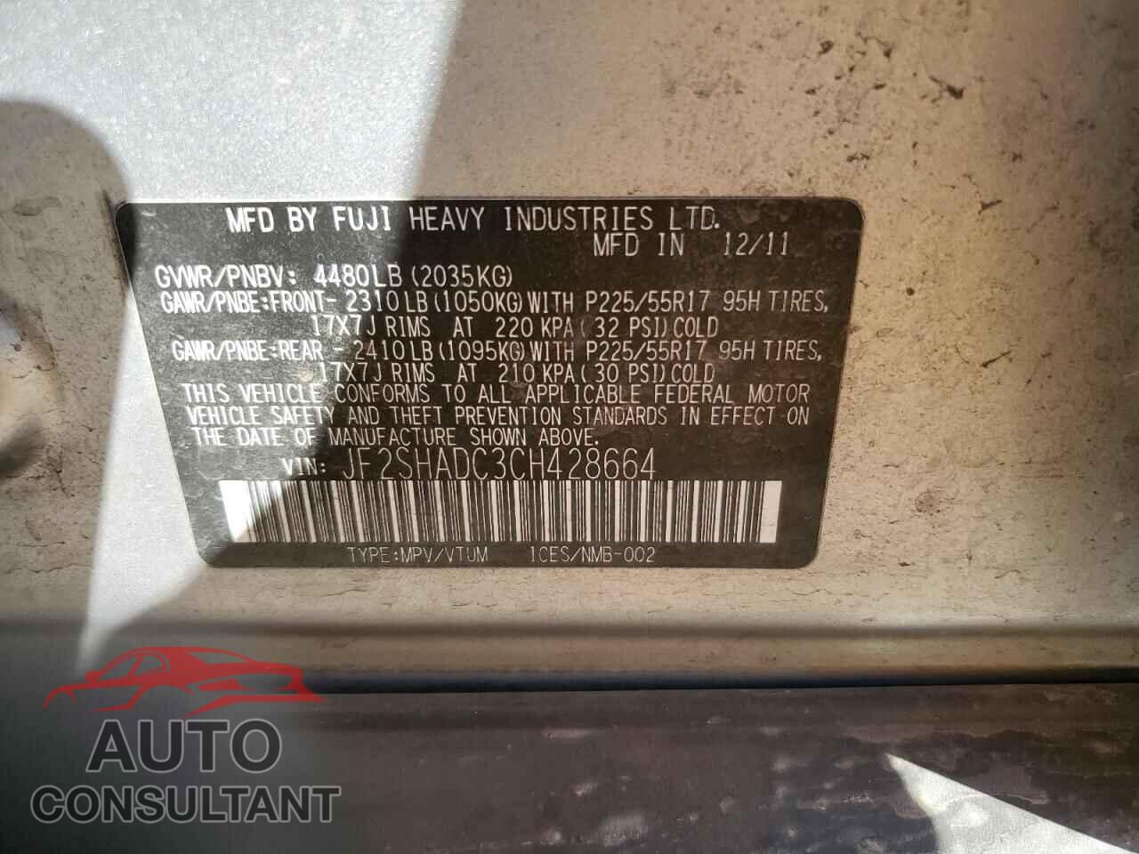 SUBARU FORESTER 2012 - JF2SHADC3CH428664