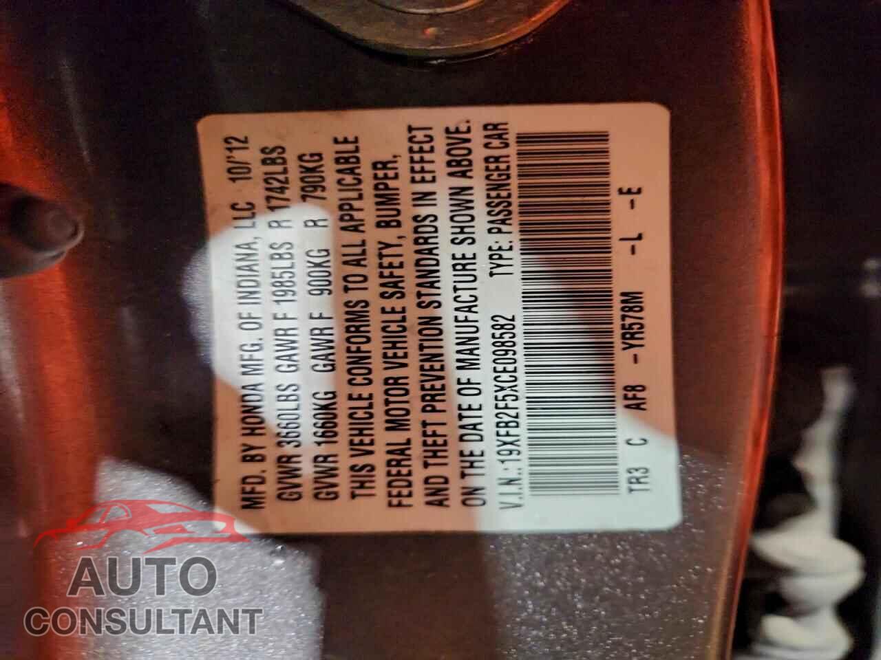 HONDA CIVIC 2012 - 19XFB2F5XCE098582