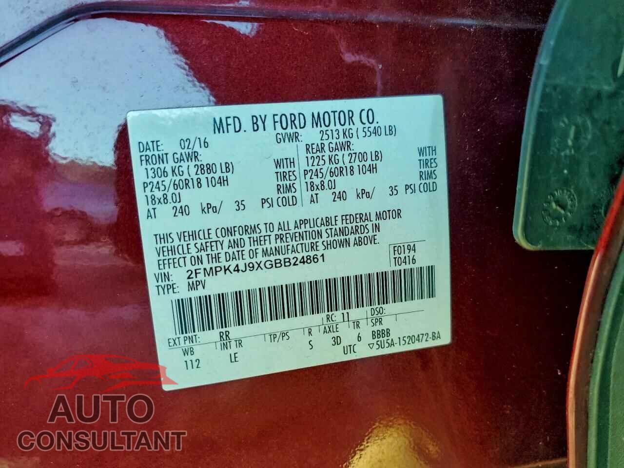 FORD EDGE 2016 - 2FMPK4J9XGBB24861