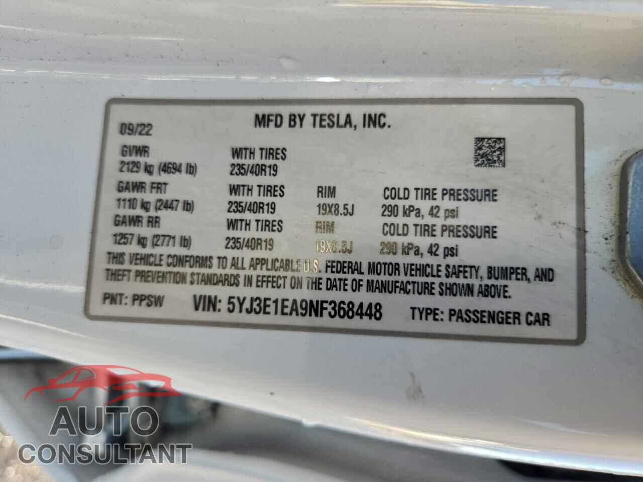 TESLA MODEL 3 2022 - 5YJ3E1EA9NF368448