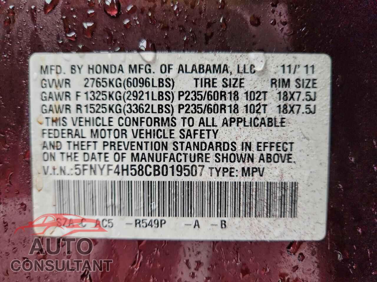 HONDA PILOT 2012 - 5FNYF4H58CB019507