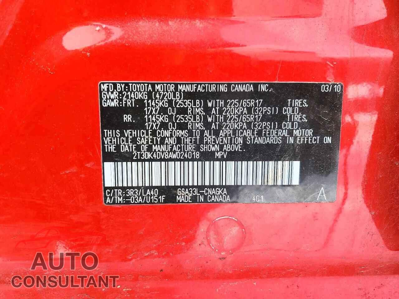 TOYOTA RAV4 2010 - 2T3DK4DV8AW024018