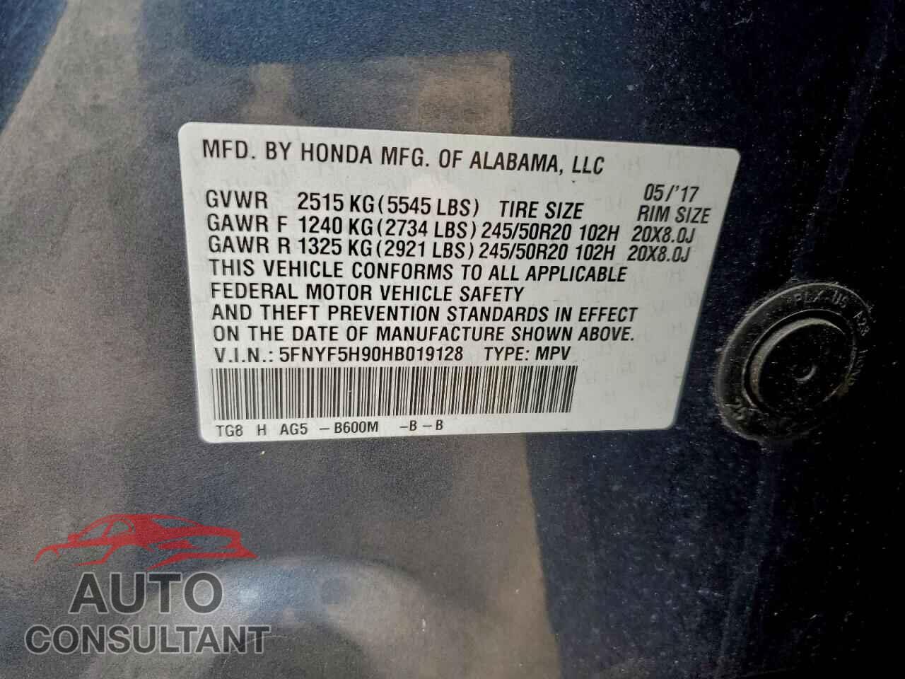 HONDA PILOT 2017 - 5FNYF5H90HB019128