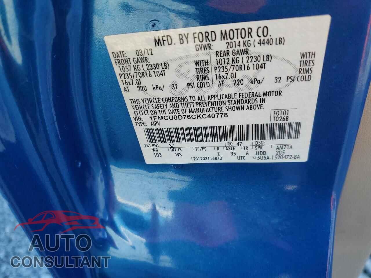 FORD ESCAPE 2012 - 1FMCU0D76CKC40778